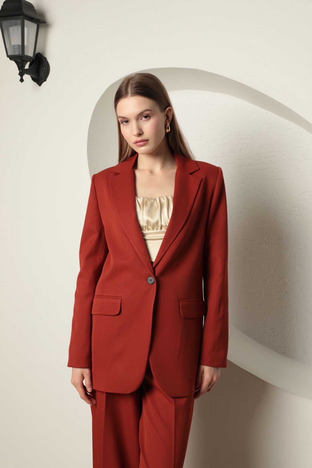 Atlas Kumaş Kadın Oversize Ceket-Kiremit