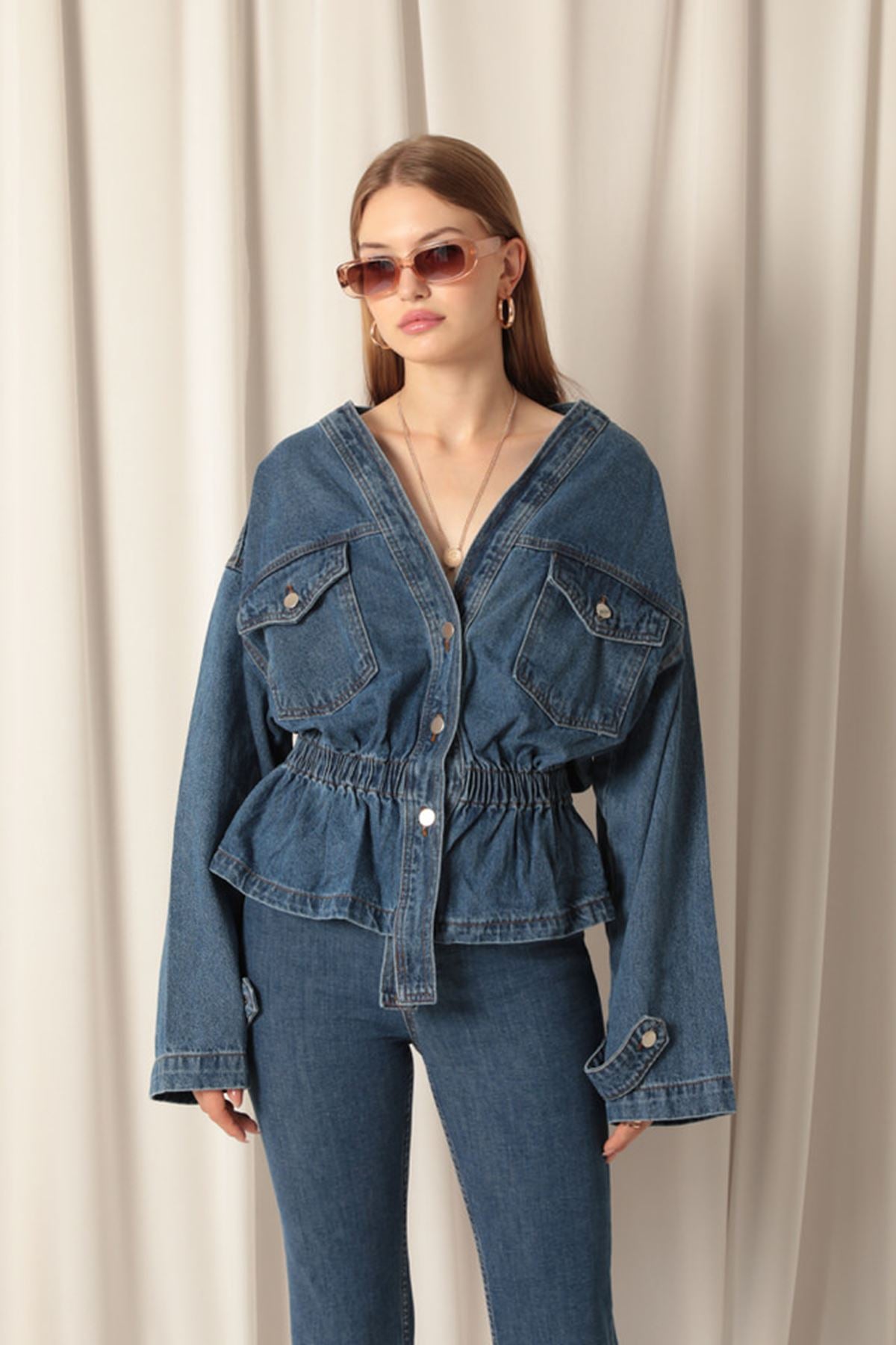 Denim Kumaş Beli Lastikli Kadın Mavi Kot Ceket