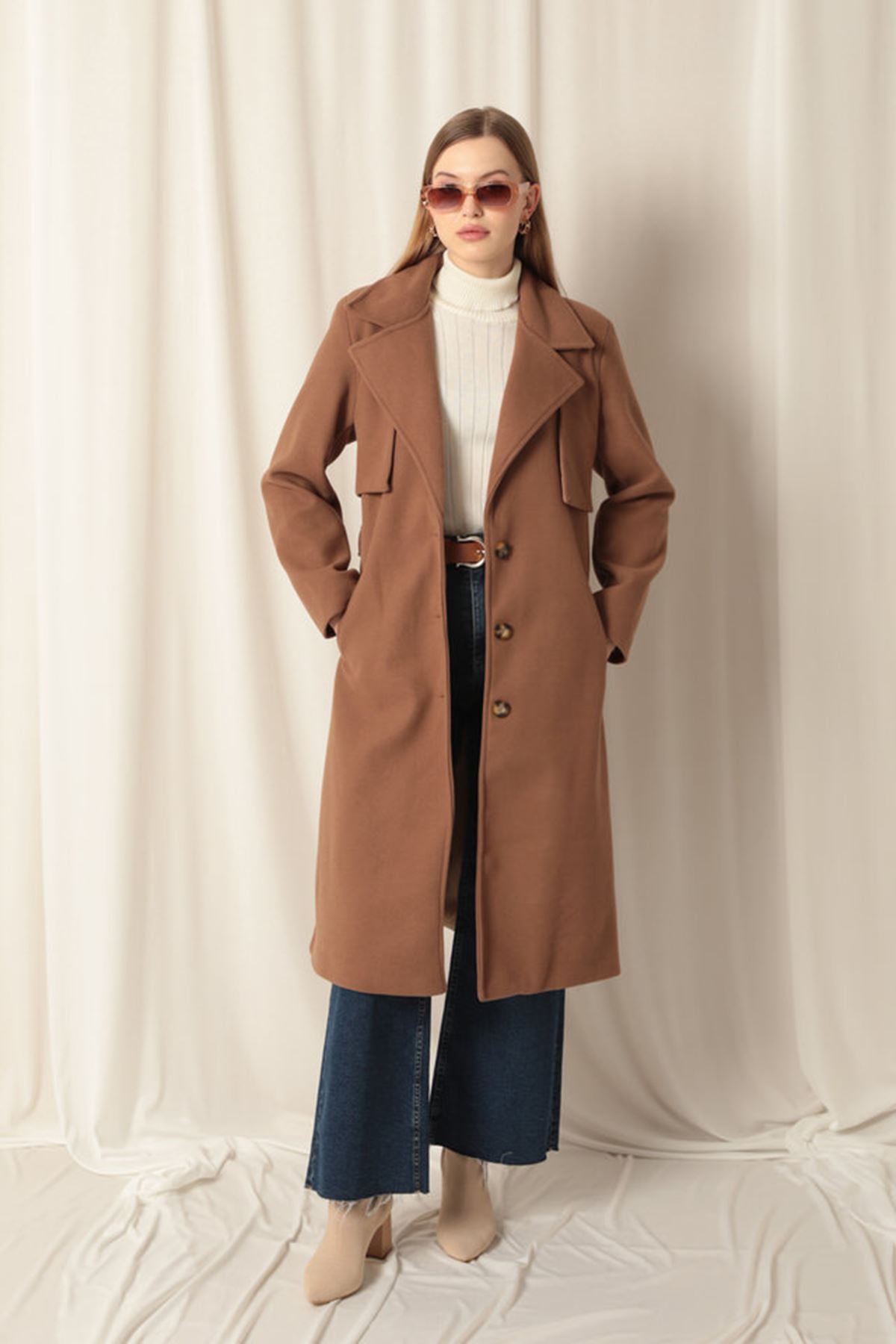 Kaşe Kumaş Allerli Kadın Taba Kaban