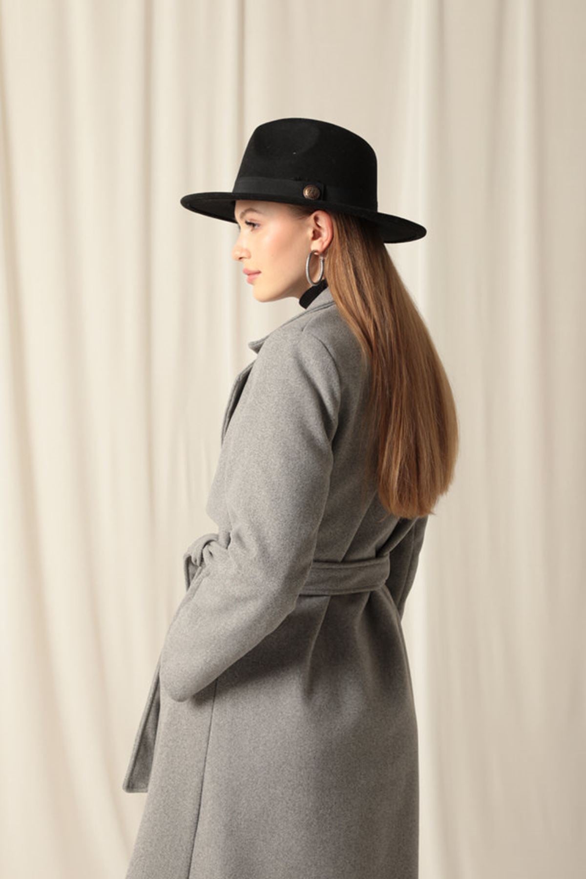 Kaşe Kumaş Allerli Kadın Gri Kaban