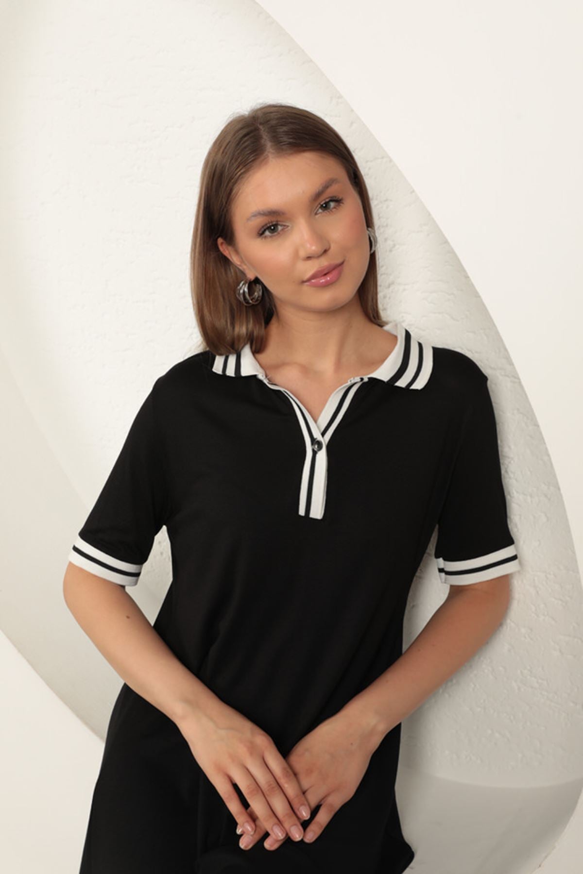 Süprem Kumaş Polo Yaka Elbise-Siyah