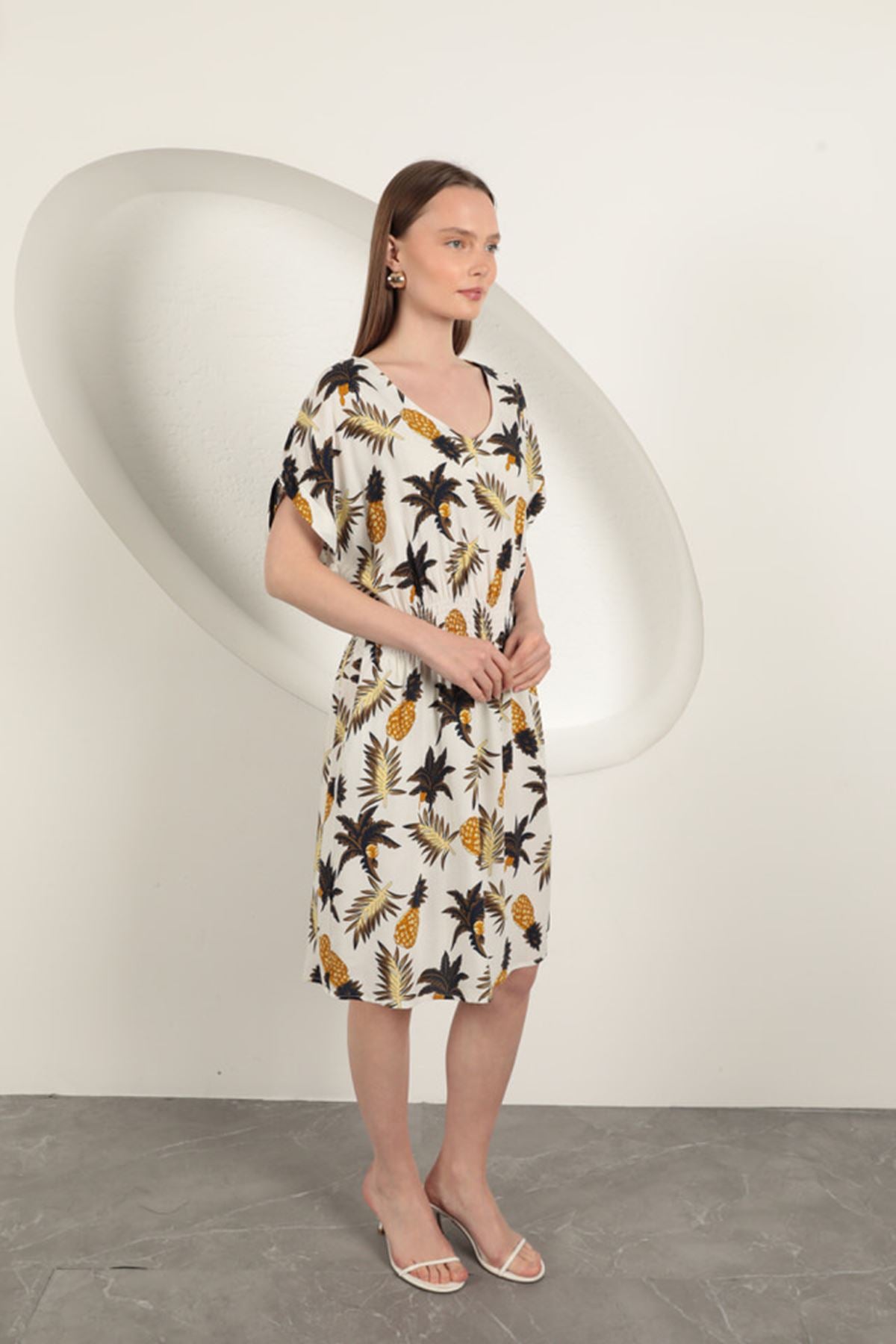 Viskon Ananas Desenli Elbise-Ekru