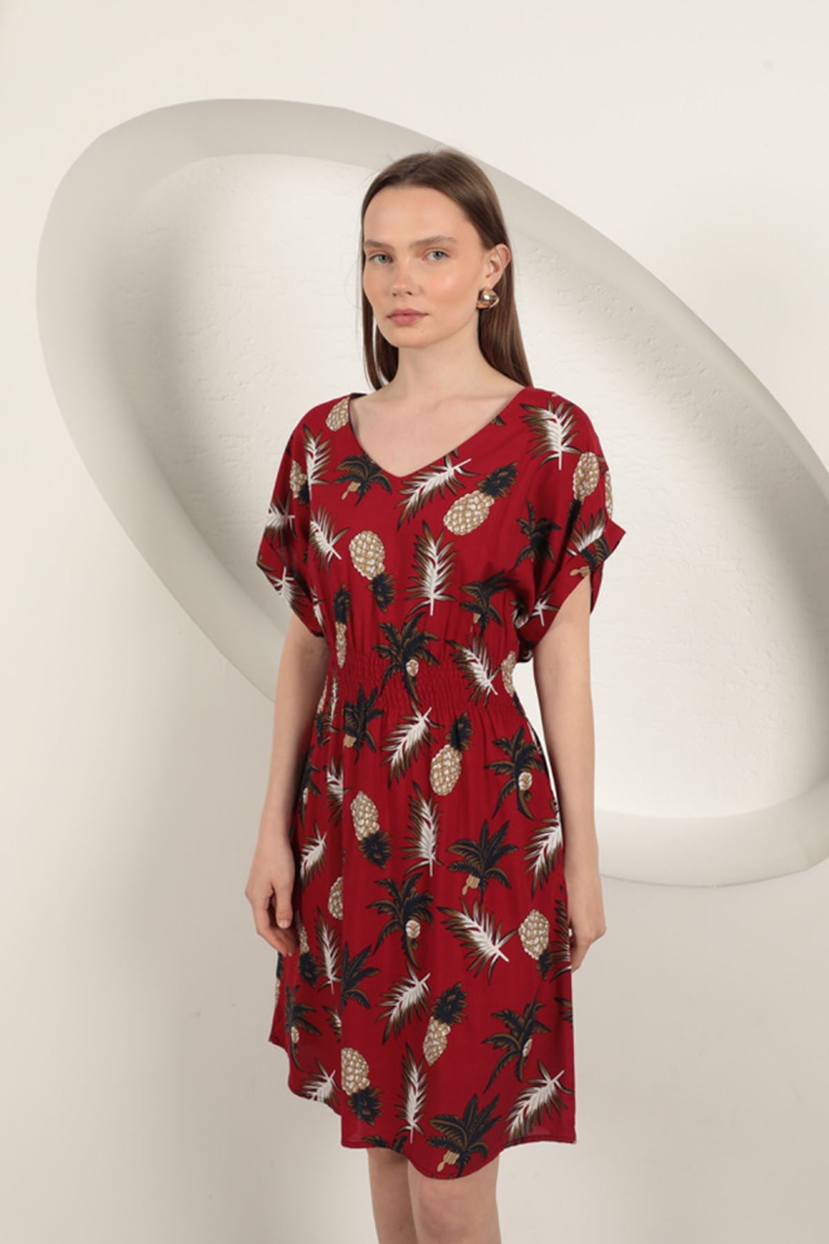 Viskon Ananas Desenli Elbise-Kırmızı