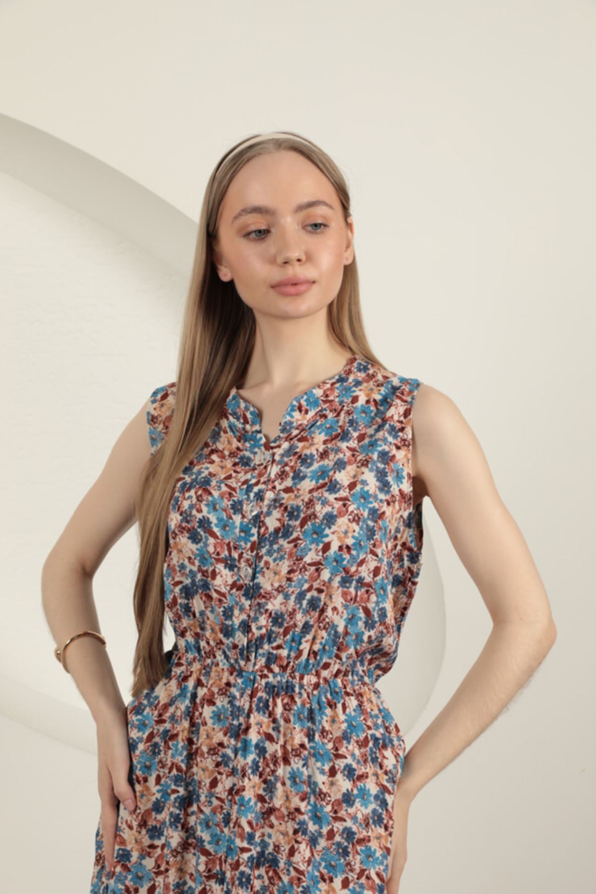 Viskon Çıtır Çiçek Desenli Elbise-Mavi