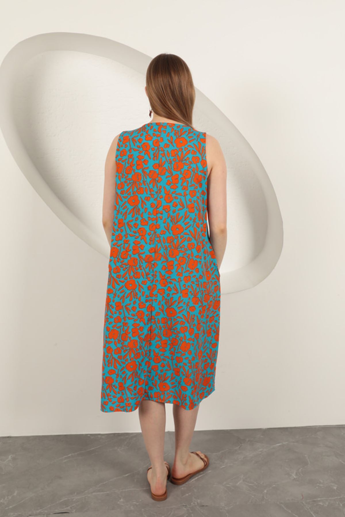 Viskon Kumaş Çiçek Desenli Elbise-Oranj