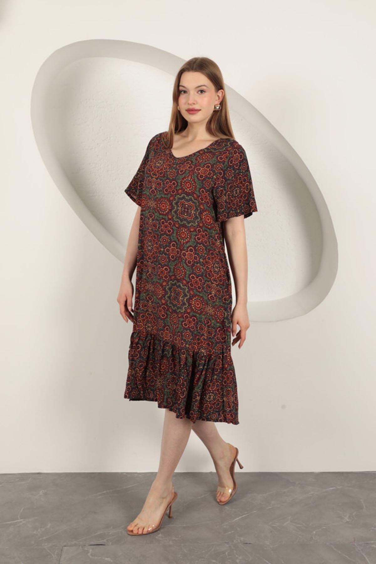 Viskon Kumaş Etnik Elbise-Bordo