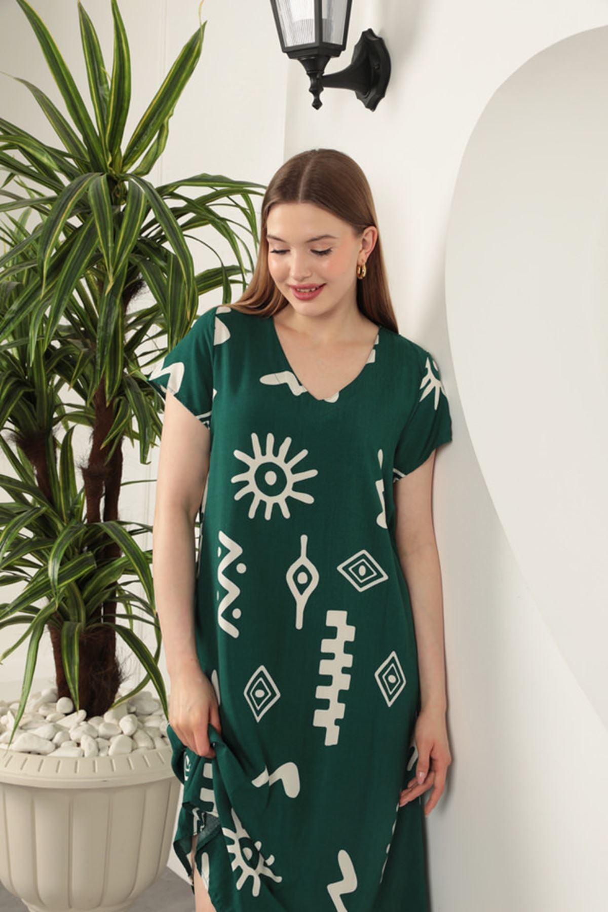 Viskon Kumaş Etnik Elbise-Yeşil