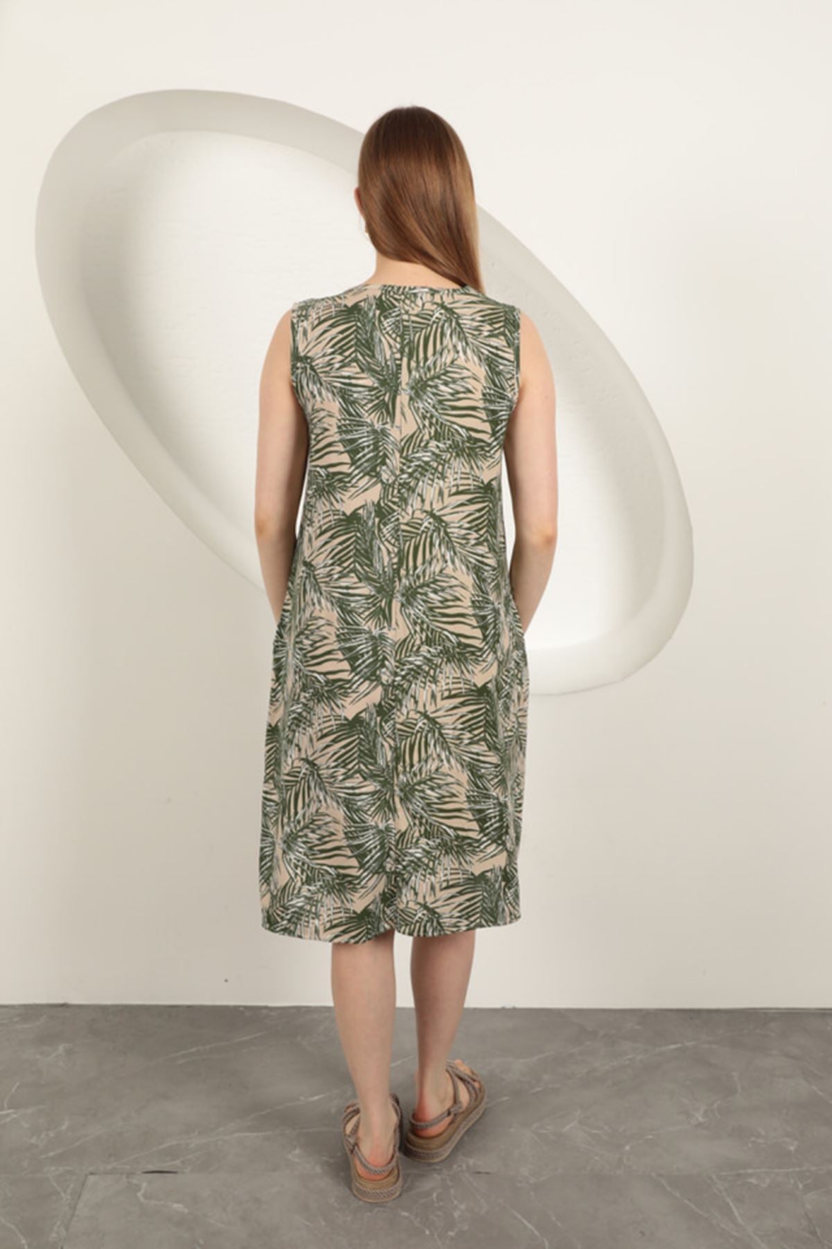 Viskon Kumaş Palmiye Desen Elbise-Yeşil