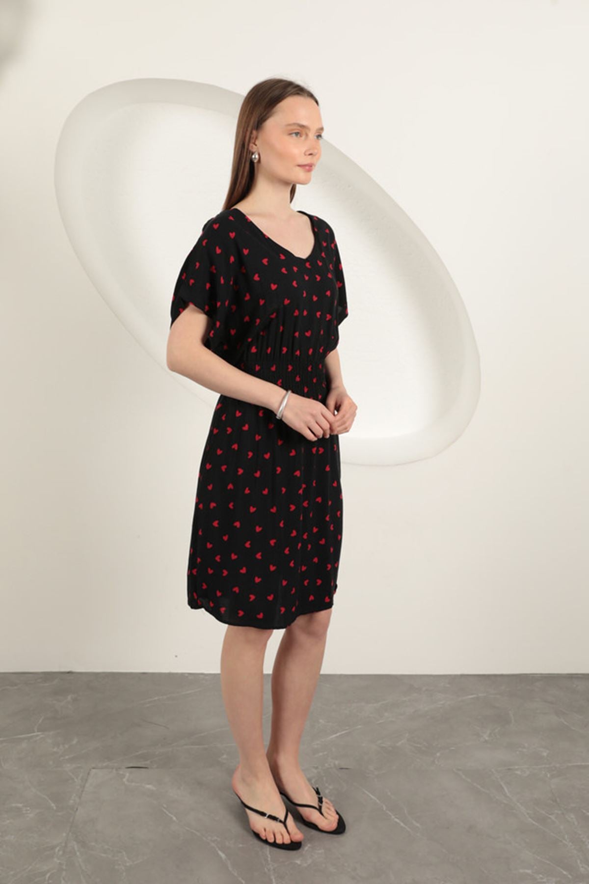 Viskon Kumaş Kalp Desenli Elbise-Siyah