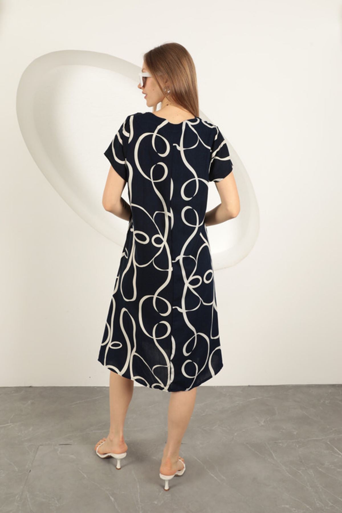 Viskon Kumaş Çizgi Desenli Elbise-Lacivert