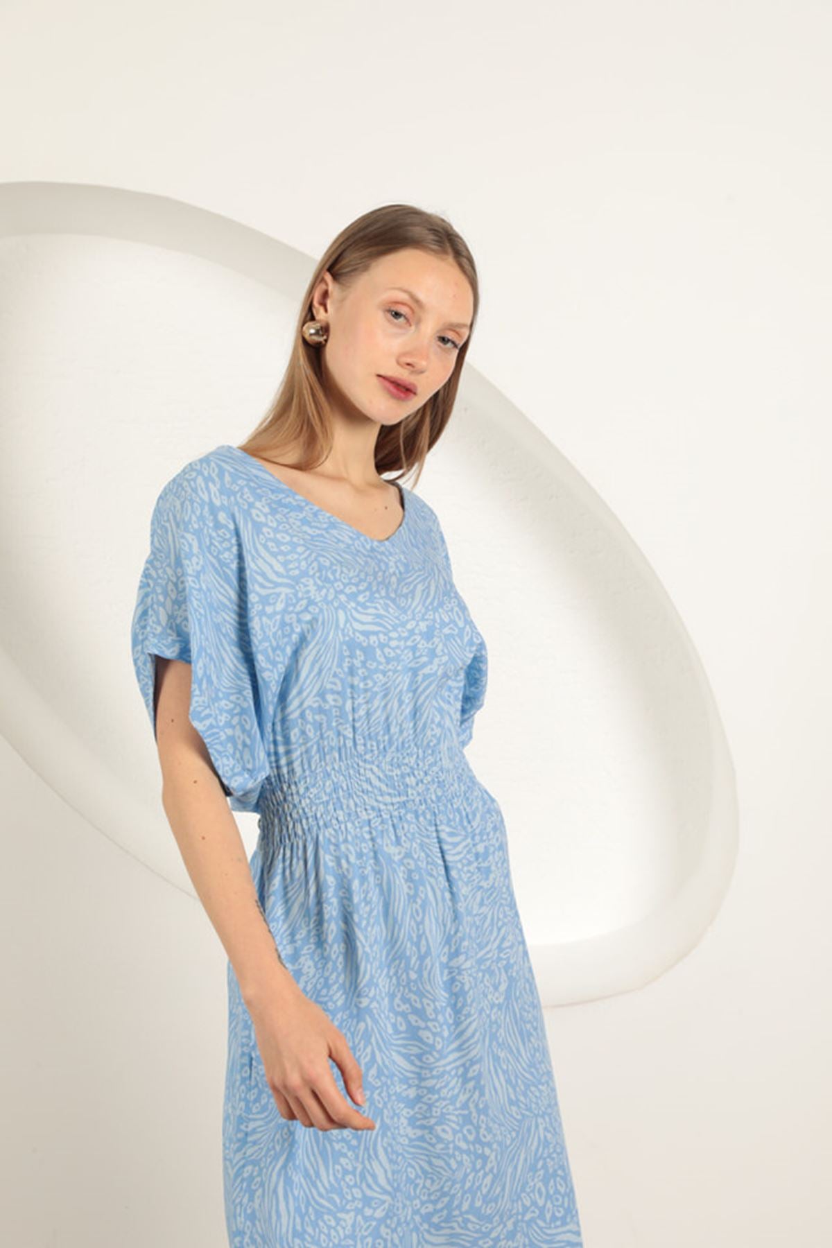 Viskon Kumaş Desenli Elbise-Mavi