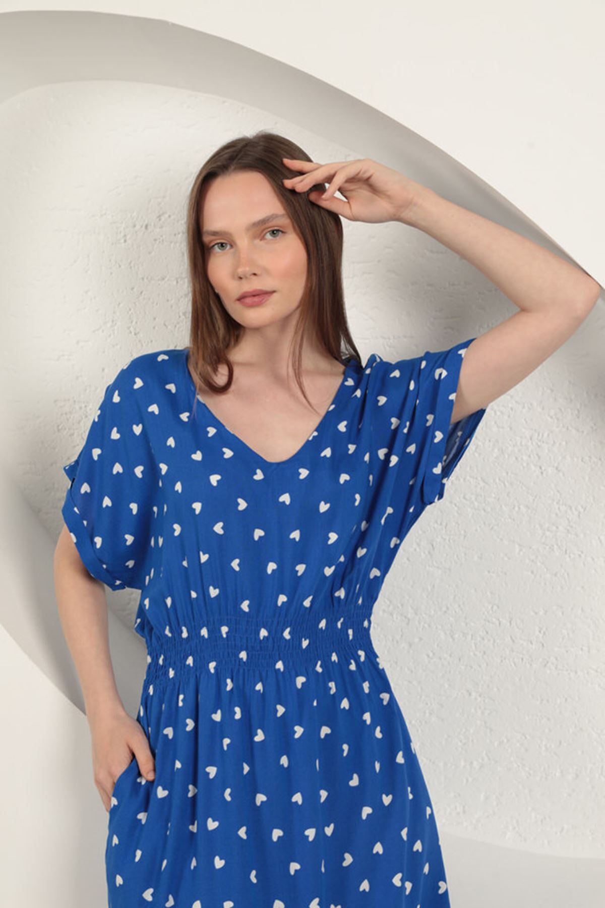 Viskon Kumaş Kalp Desenli Elbise-Saks