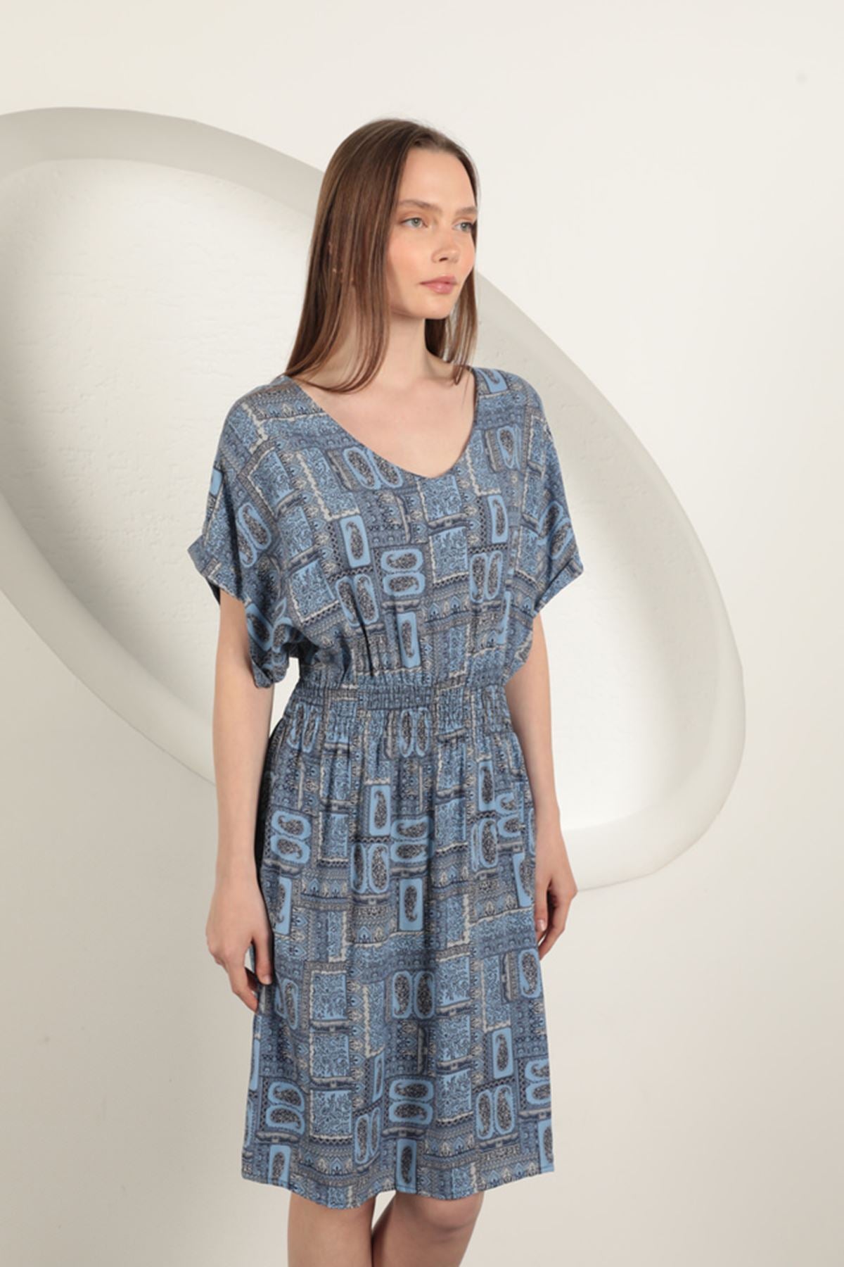 Viskon Kumaş Gipeli Elbise-Saks