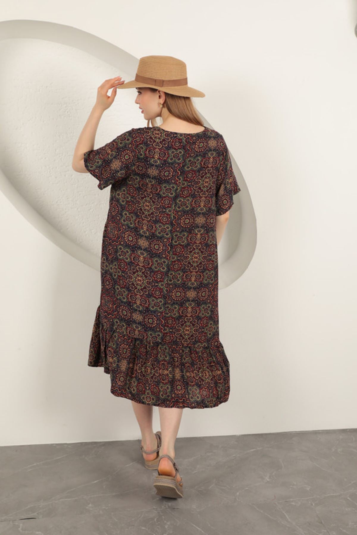 Viskon Kumaş Etnik Elbise-Mor