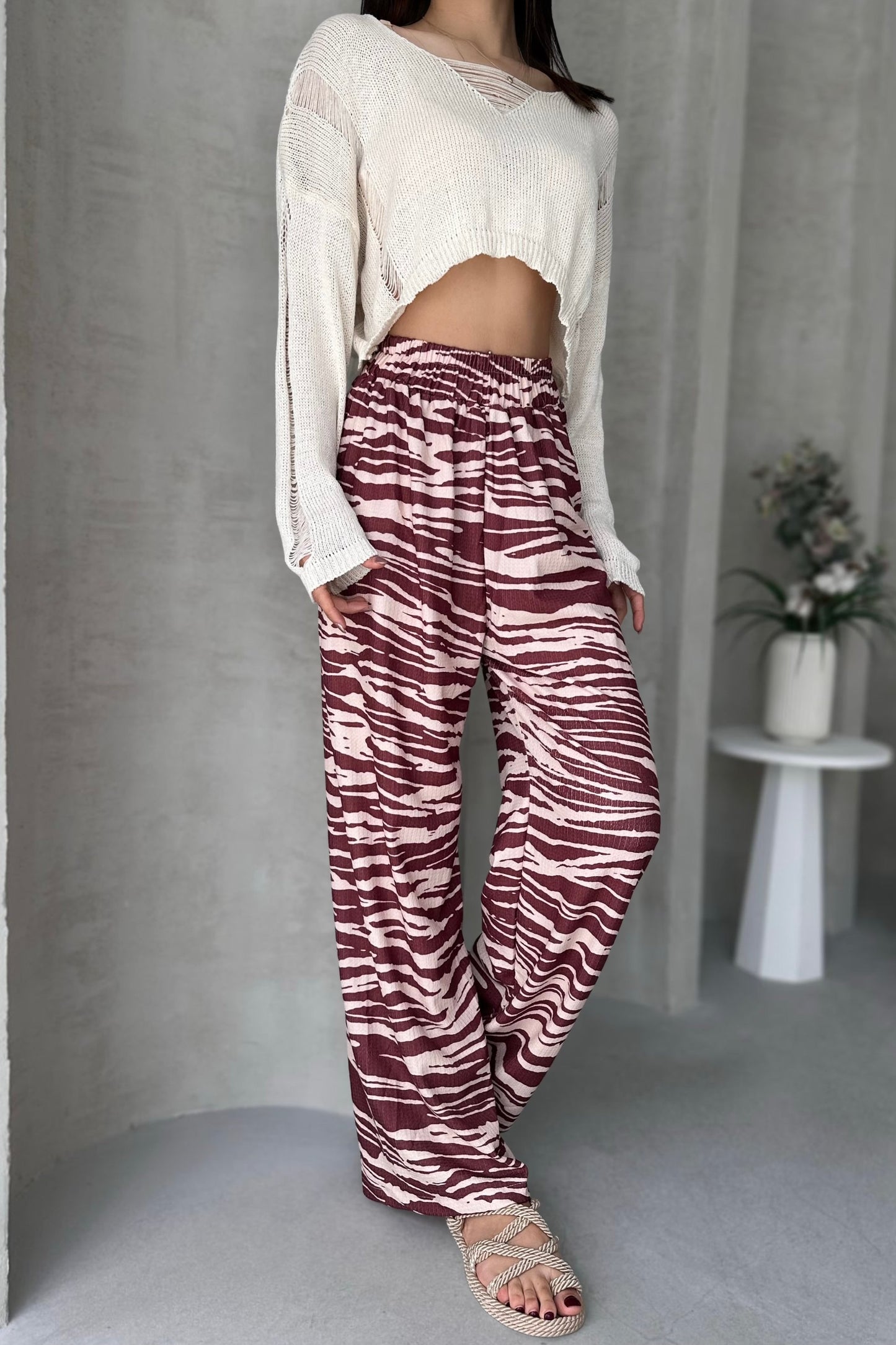 Desenli Beli Lastikli Bürümcük Pantolon