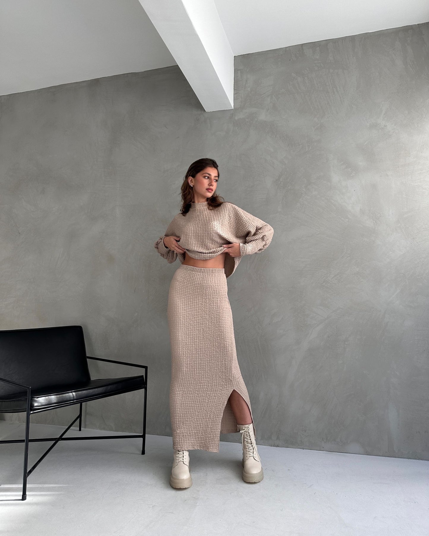 Dokulu Yırtmaç Detaylı Etek Ve Bluz 2Lİ Takım