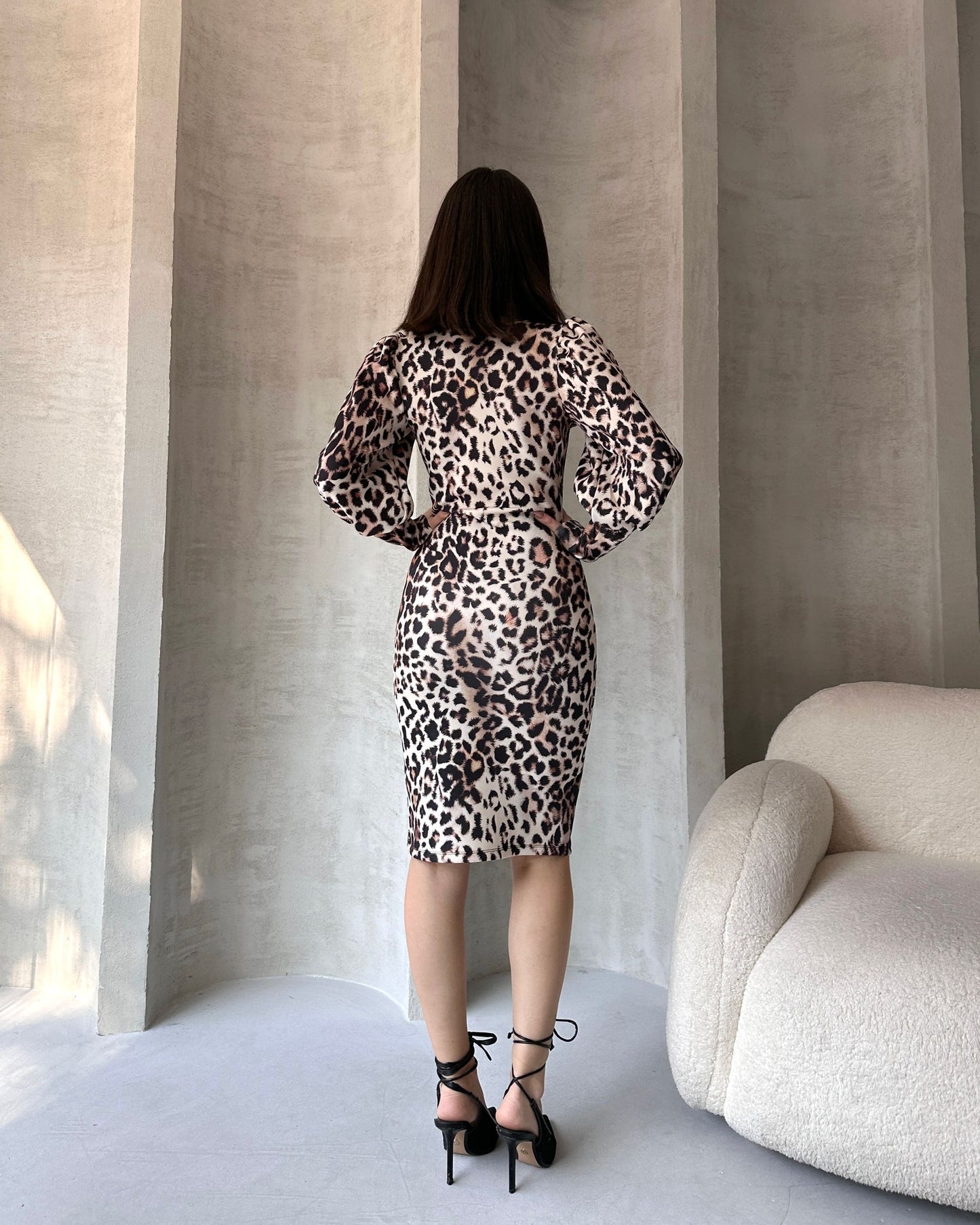 Leopar Desenli Midi Boy Elbise