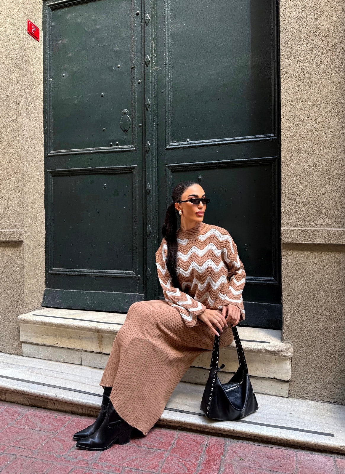 Zigzak Desenli Kazak Ve Elbise Triko Takım