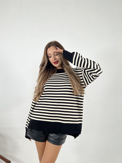 3344 ÇİZGİLİ SALAŞ KAZAK-SİYAH-KREM