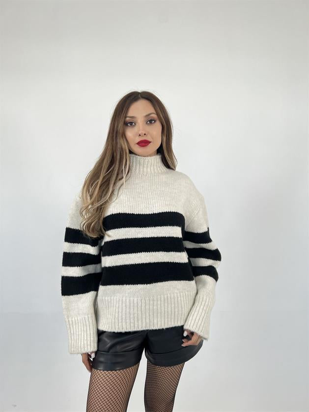 3941 ÇİZGİLİ ŞARDON KAZAK-KREM-SİYAH