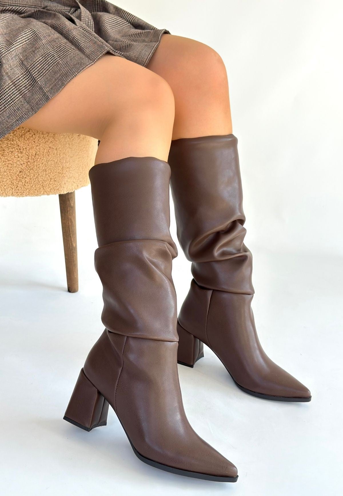 Pitay  Kahverengi Cilt Körüklü Topuklu Çizme