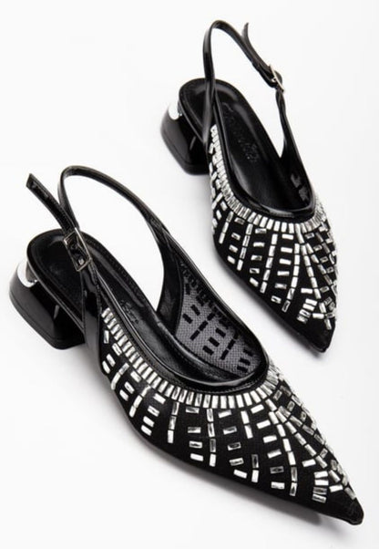 Piyar Siyah Taşlı Topuklu Ayakkabı