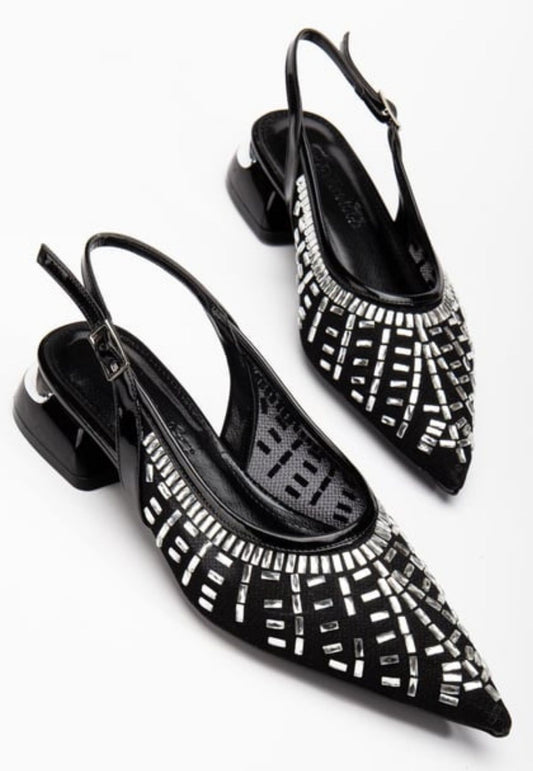 Piyar Siyah Taşlı Topuklu Ayakkabı