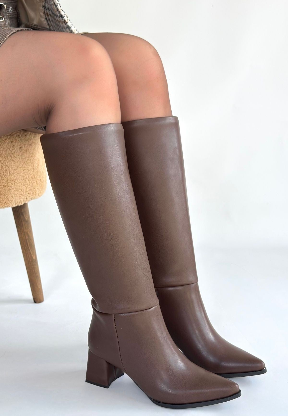Roksa Acı Kahvei Cilt Topuklu Çizme