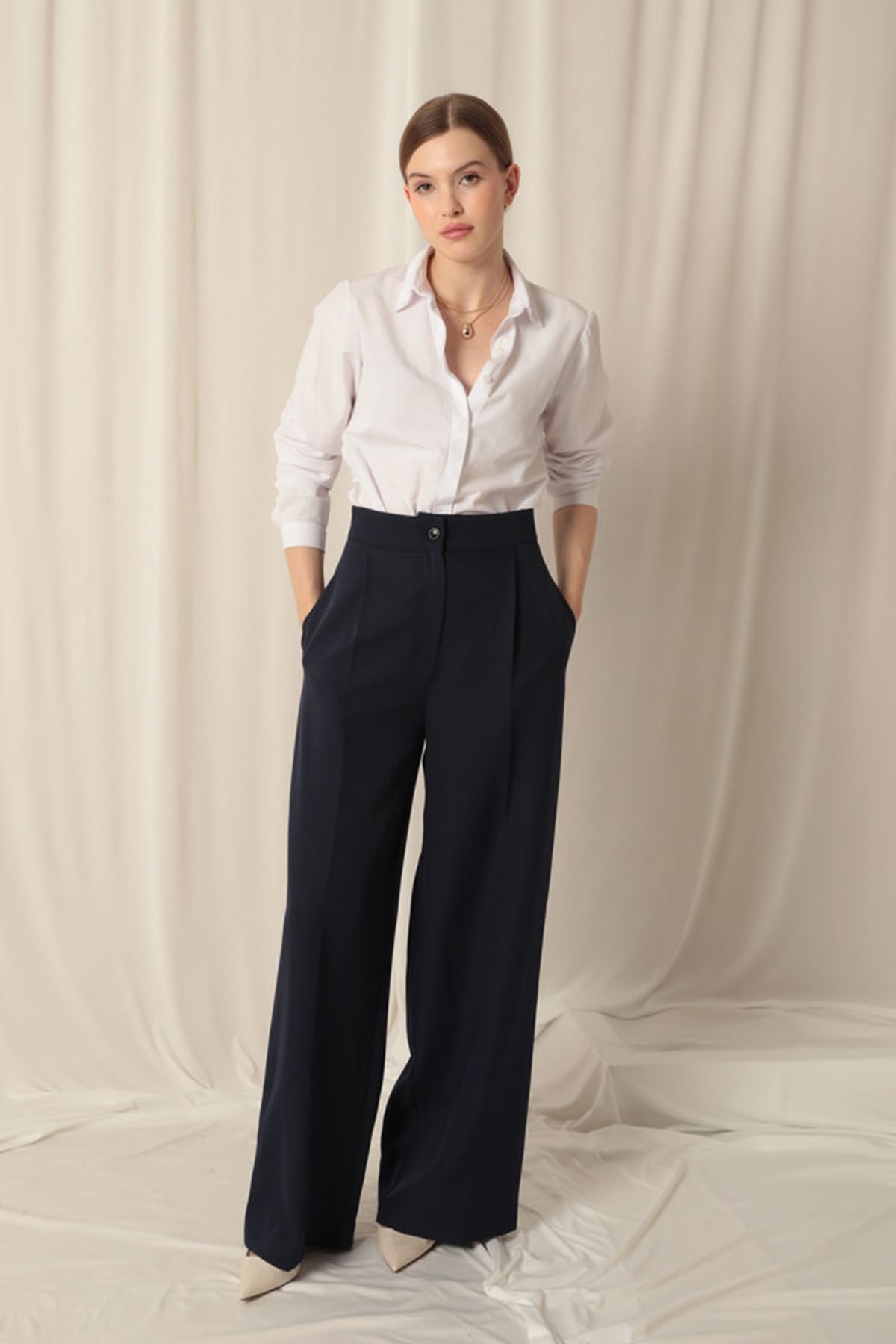 Atlas Kumaş Palazzo Kadın Mavi Pantolon