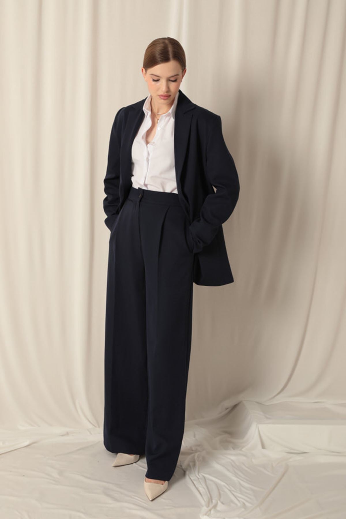 Atlas Kumaş Palazzo Kadın Mavi Pantolon