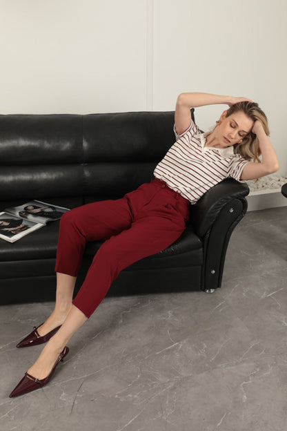 Atlas Kumaş Kemerli Havuç Pantolon-Bordo