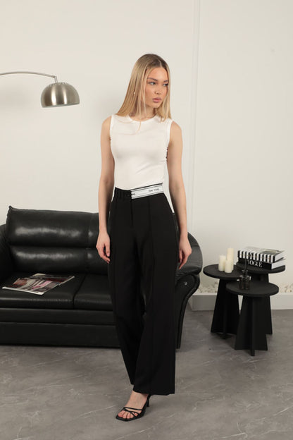 Atlas Kumaş Kemeri Taş Detaylı Pantolon-Siyah