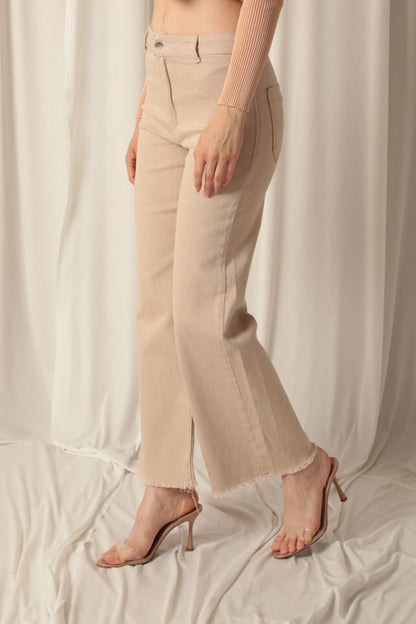 Denim Kumaş Paçası Püsküllü Salaş Kadın Bej Pantolon