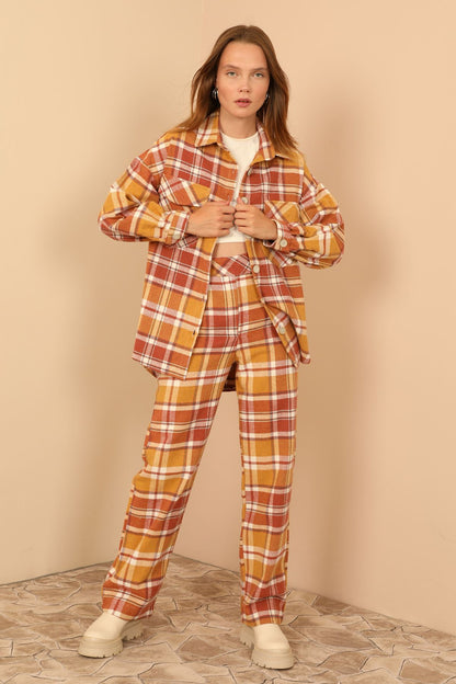 Ekose Kumaş Rahat Kalıp Kadın Pantolon-Taba