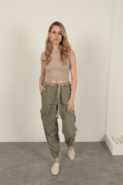 Gabardin Kumaş Kemerli Kargo Kadın Pantolon-Haki