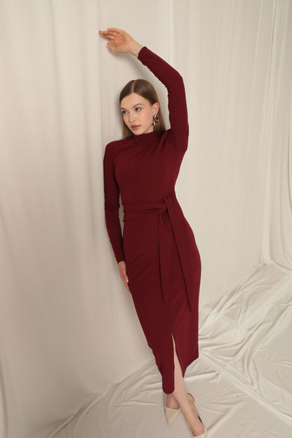 Krep Kumaş Bağlamalı Bordo Elbise