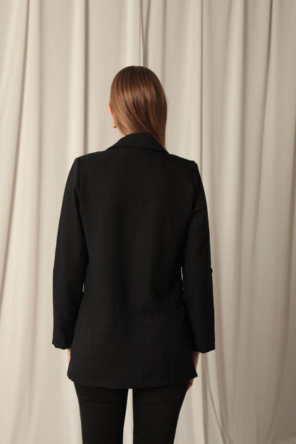 Melanj Keten Kumaş Kadın Siyah Ceket