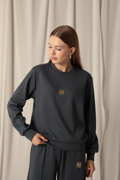 Modal Kumaş Metal Aksesuarlı Kadın Antrasit Takım