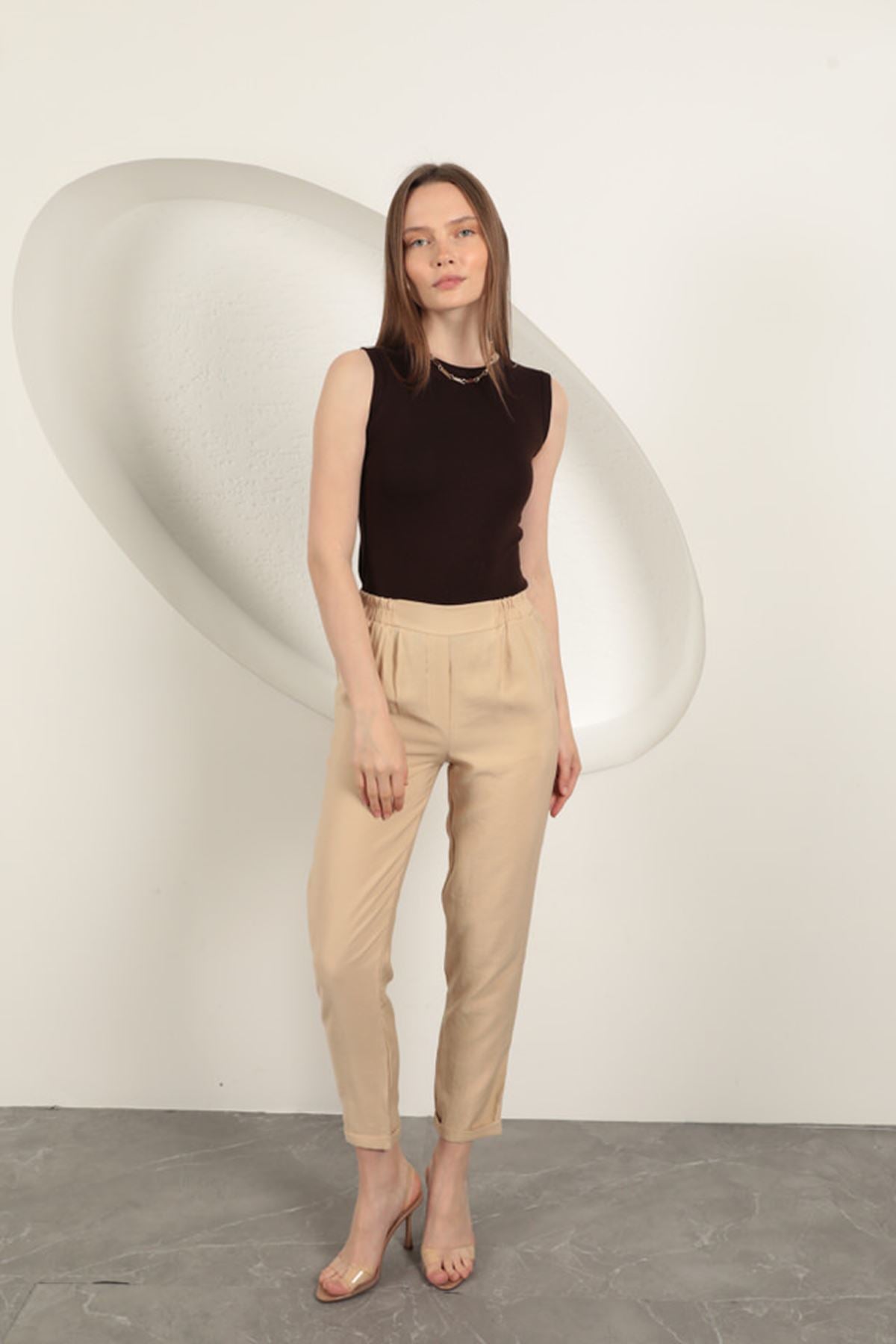 Modal Kumaş Duble Paça Kadın Pantolon-Bej