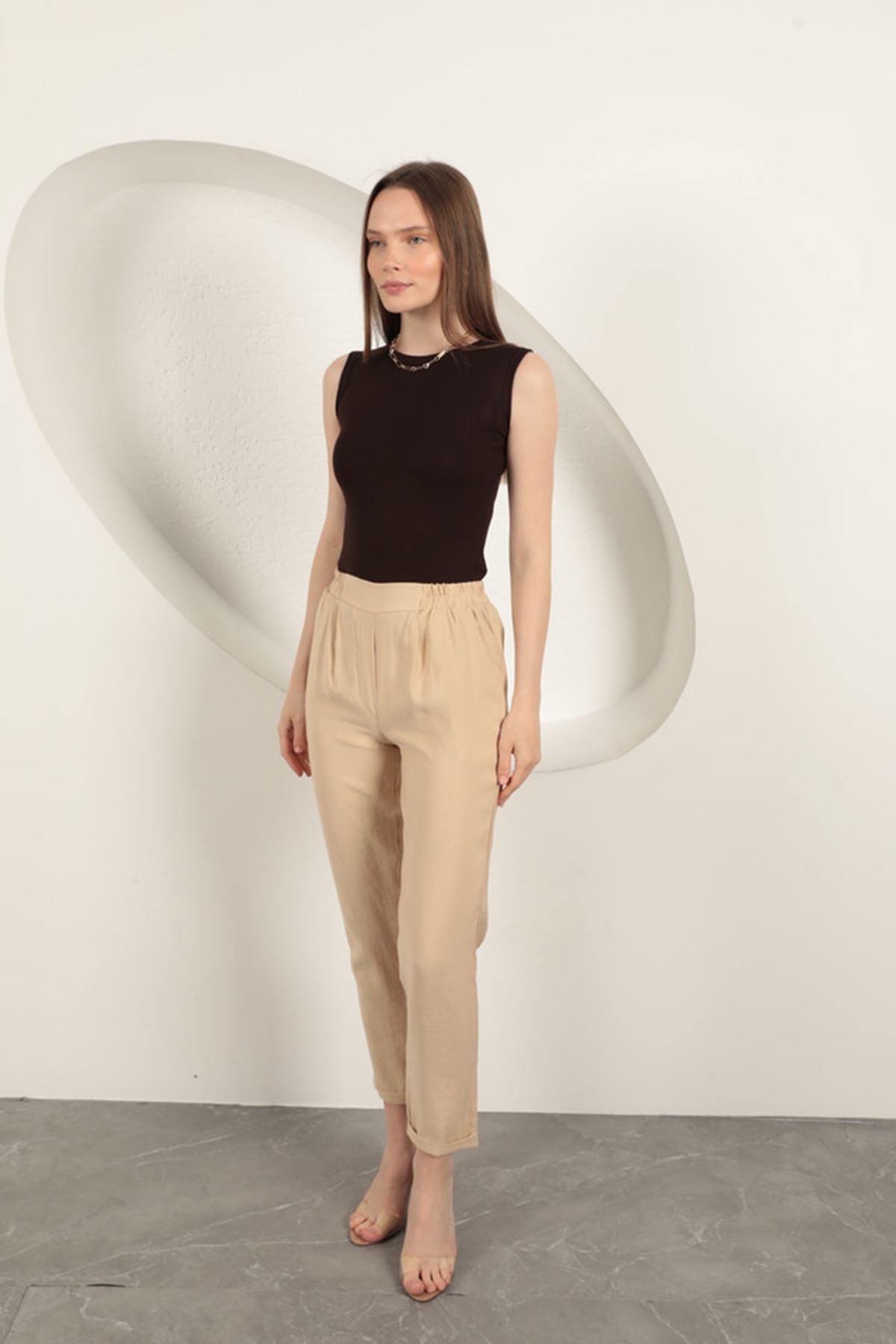 Modal Kumaş Duble Paça Kadın Pantolon-Bej