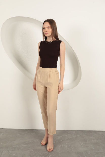 Modal Kumaş Duble Paça Kadın Pantolon-Bej