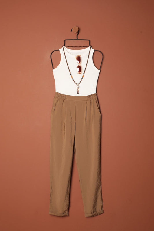 Modal Kumaş Duble Paça Kadın Pantolon-Kahve