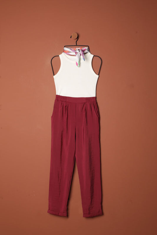 Modal Kumaş Duble Paça Kadın Pantolon-Bordo