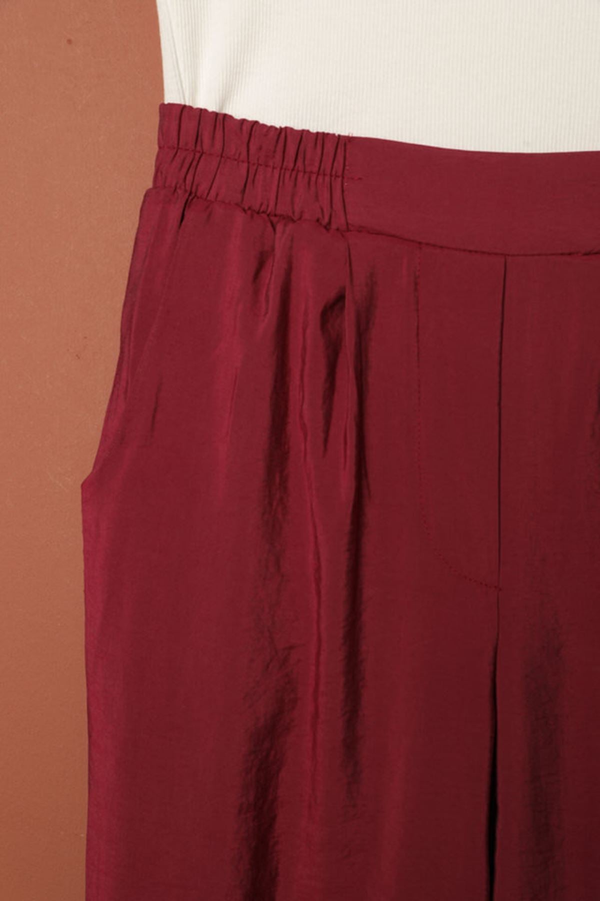 Modal Kumaş Duble Paça Kadın Pantolon-Bordo