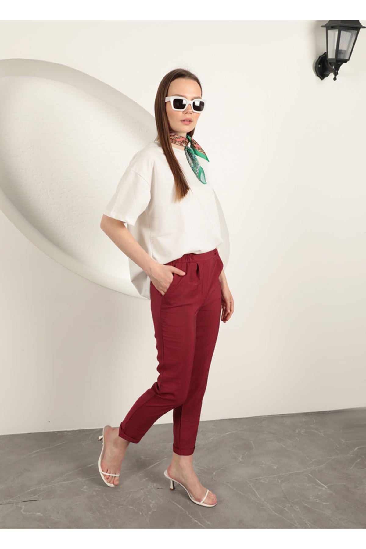 Modal Kumaş Duble Paça Kadın Pantolon-Bordo