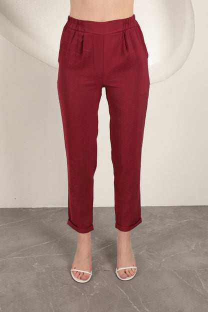 Modal Kumaş Duble Paça Kadın Pantolon-Bordo
