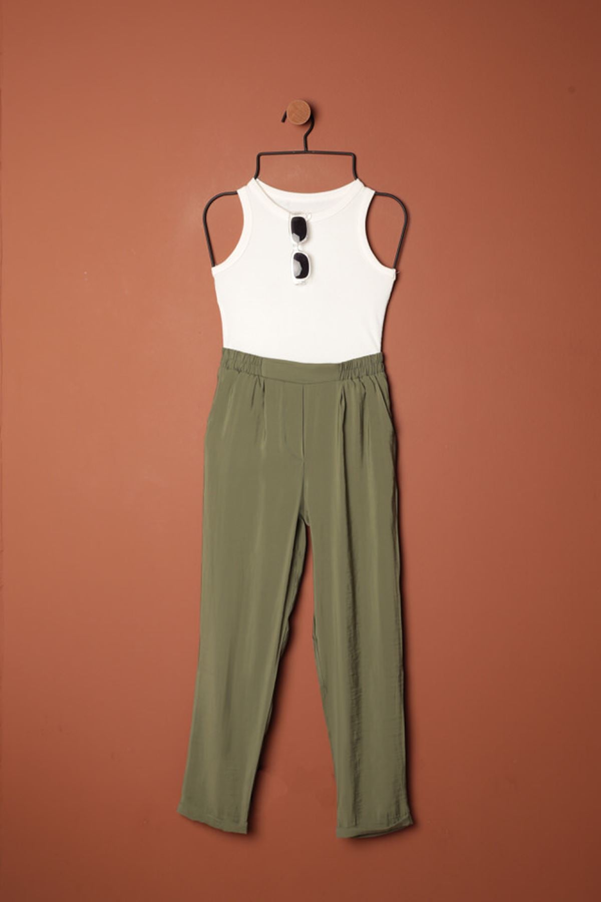 Modal Kumaş Duble Paça Kadın Pantolon-Haki