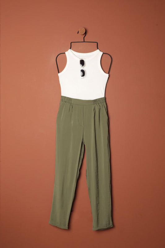 Modal Kumaş Duble Paça Kadın Pantolon-Haki