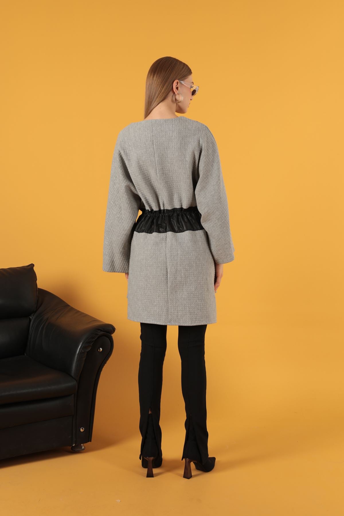 Petek Kumaş Garnili Oversize Kadın Sweat-Gri