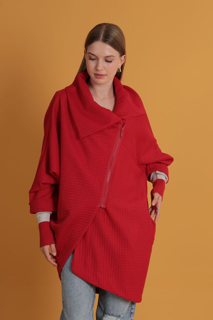 Petek Kumaş Kolu Ribana Detaylı Kadın Hırka-Kırmızı